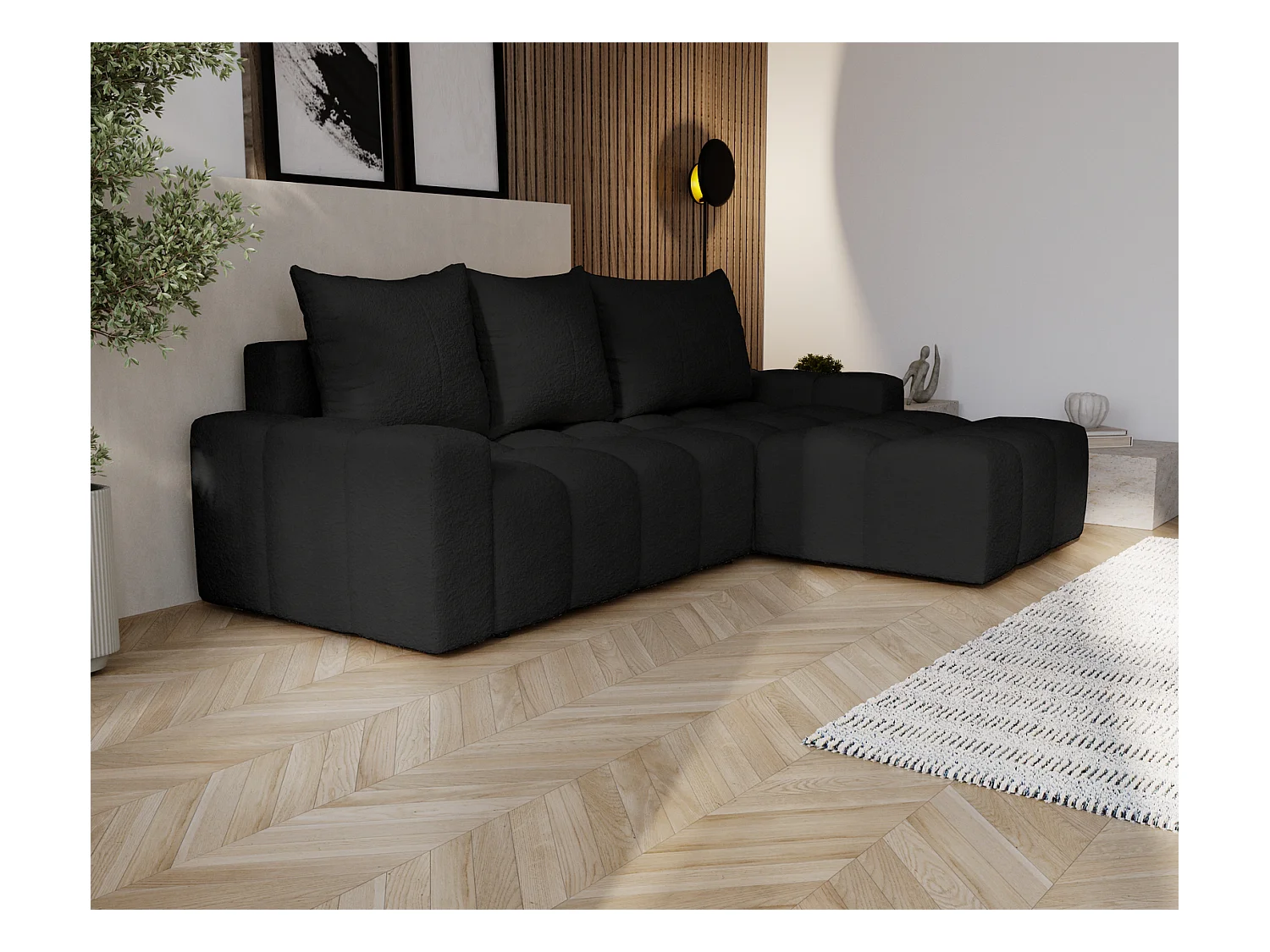 Emporius Wilson Canapé d'angle - Tissu Bouclé, Canapé 255 cm Convertible, Droite - Noir (Anthology 19)