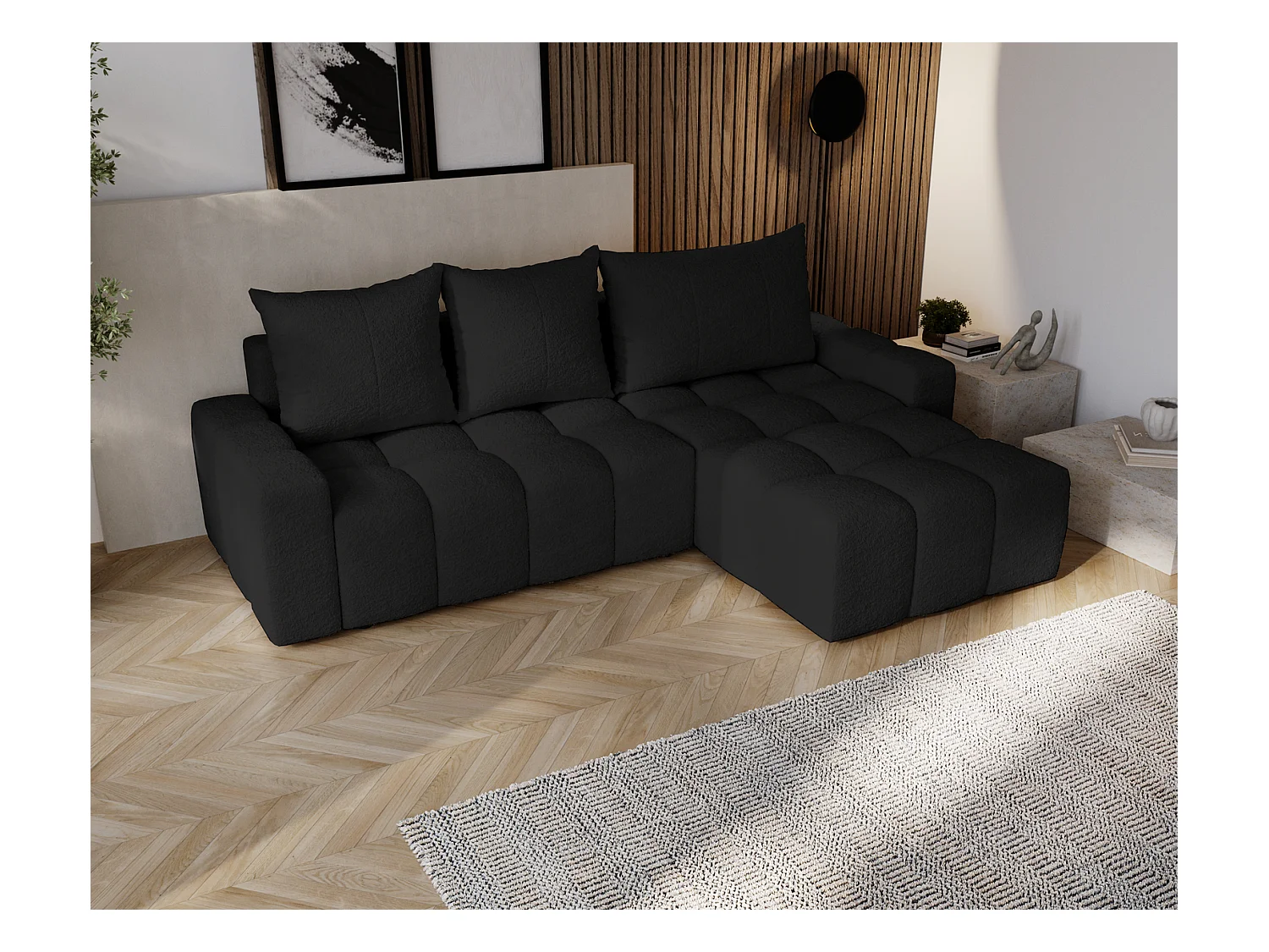 Emporius Wilson Canapé d'angle - Tissu Bouclé, Canapé 255 cm Convertible, Droite - Noir (Anthology 19)
