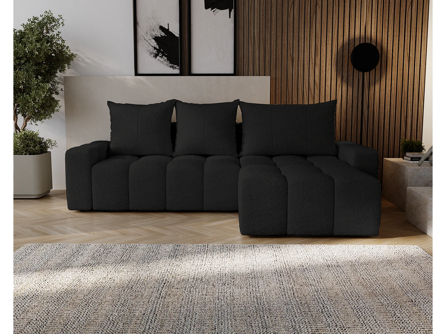 Emporius Wilson Hoekbank met slaapfunctie - slaapbank met bedlade, rechts, bouclé zwart (Anthology 19)