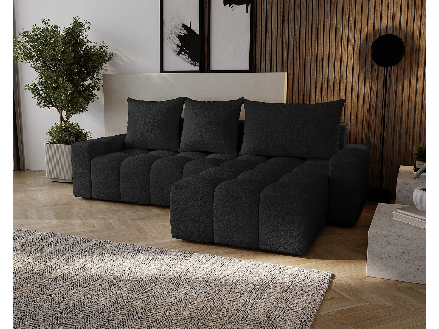 Emporius Wilson Hoekbank met slaapfunctie - slaapbank met bedlade, rechts, bouclé zwart (Anthology 19)