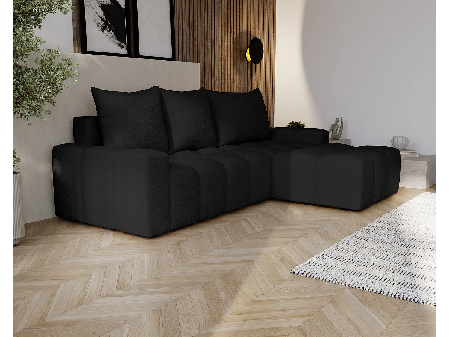Emporius Wilson Hoekbank met slaapfunctie - slaapbank met bedlade, rechts, bouclé zwart (Anthology 19)