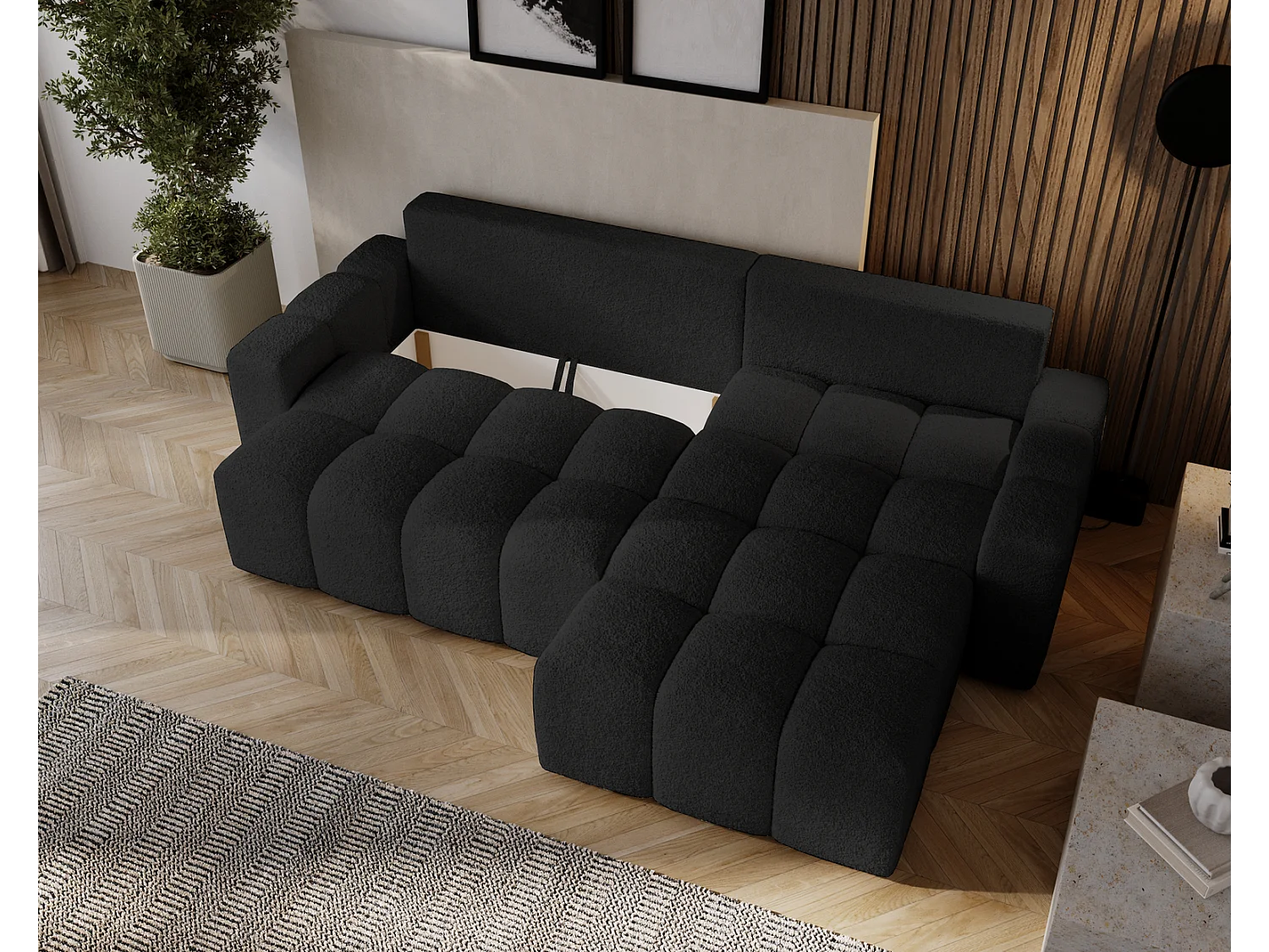 Emporius Wilson Hoekbank met slaapfunctie - slaapbank met bedlade, rechts, bouclé zwart (Anthology 19)