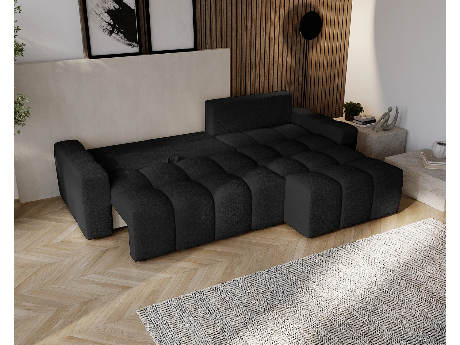 Emporius Wilson Hoekbank met slaapfunctie - slaapbank met bedlade, rechts, bouclé zwart (Anthology 19)