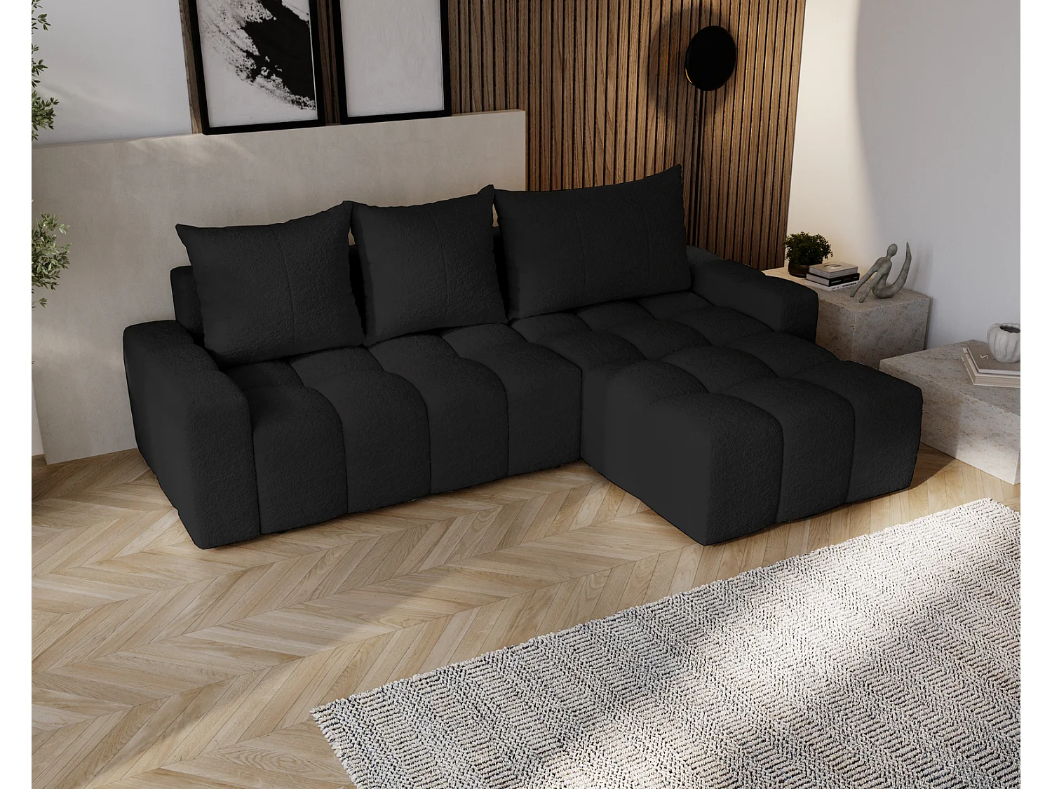 Canapé d'angle convertible Wilson, 255 cm, tissu bouclé, droit, noir
