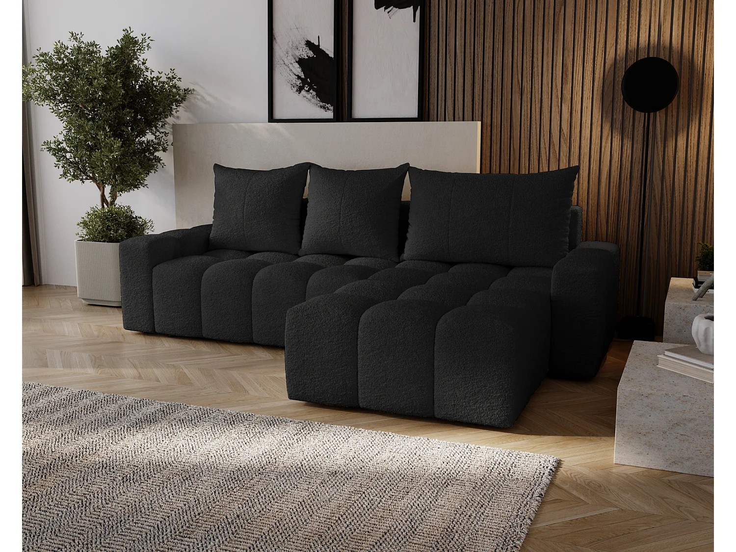Canapé d'angle convertible Wilson, 255 cm, tissu bouclé, droit, noir