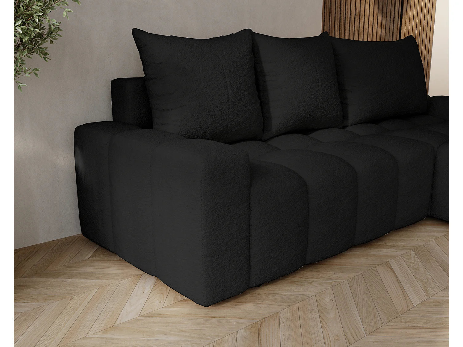 Canapé d'angle convertible Wilson, 255 cm, tissu bouclé, droit, noir