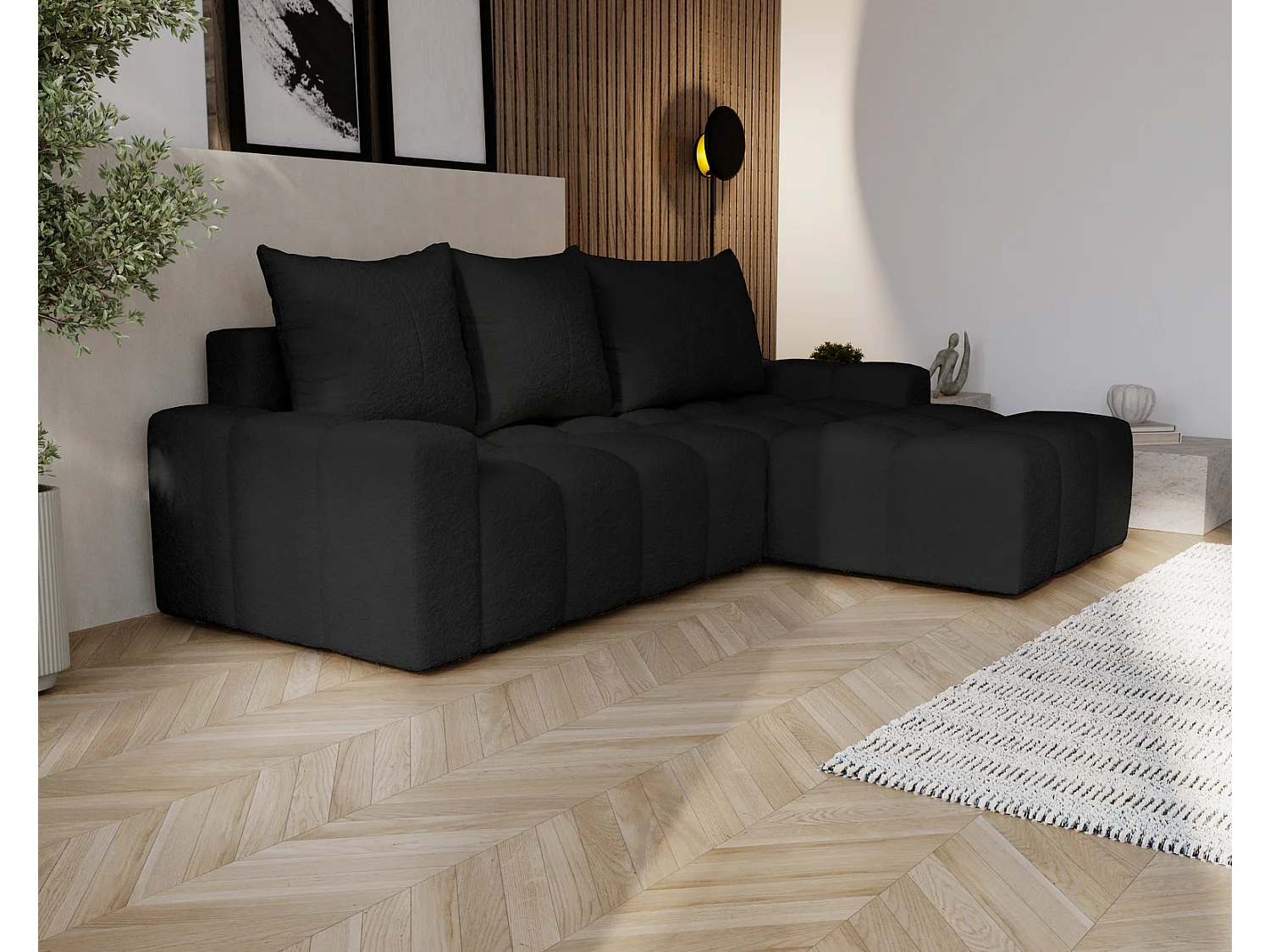 Canapé d'angle convertible Wilson, 255 cm, tissu bouclé, droit, noir