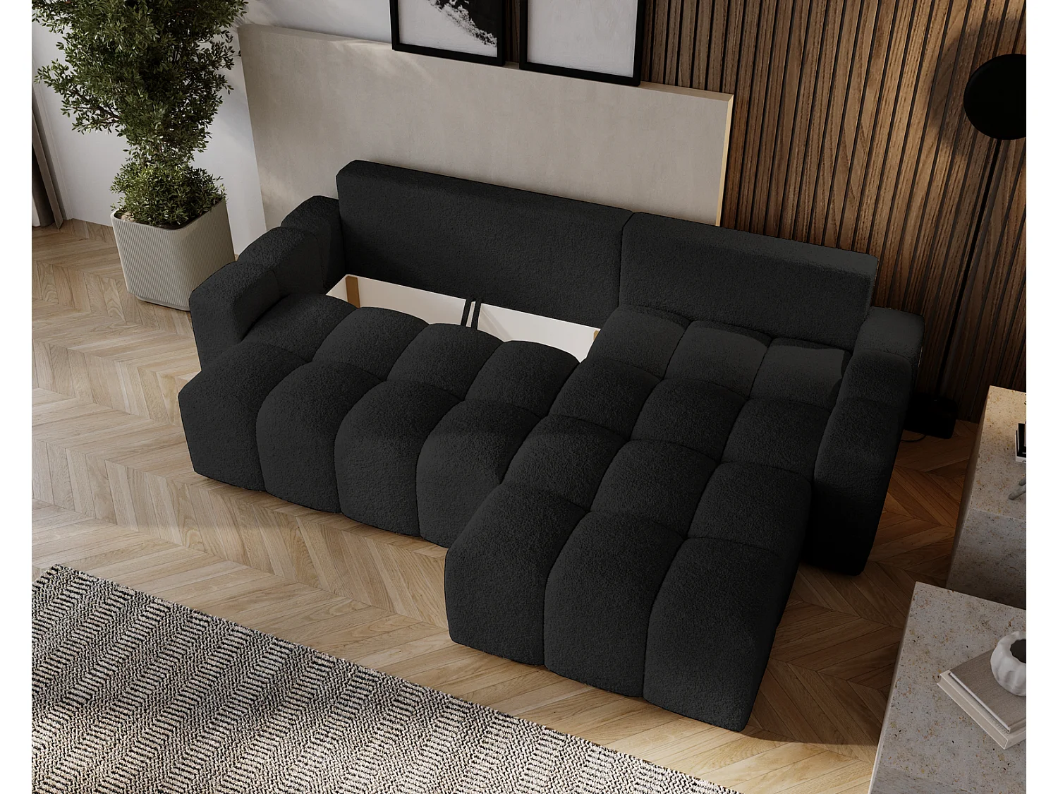 Canapé d'angle convertible Wilson, 255 cm, tissu bouclé, droit, noir
