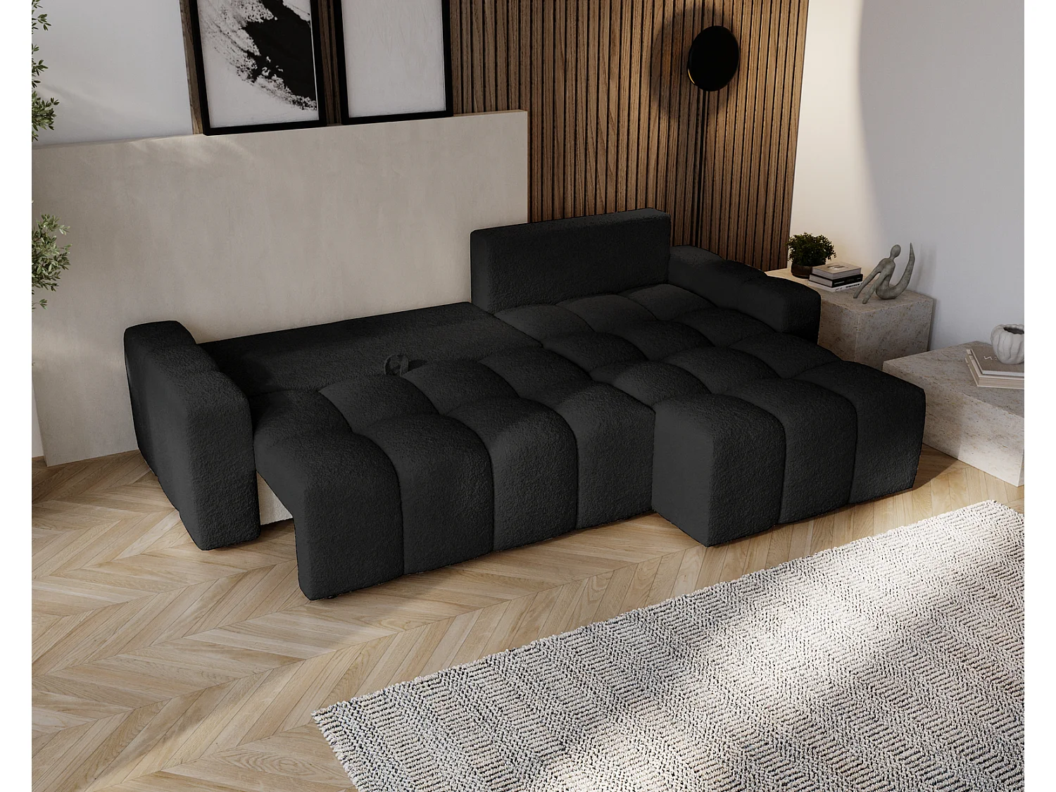 Canapé d'angle convertible Wilson, 255 cm, tissu bouclé, droit, noir