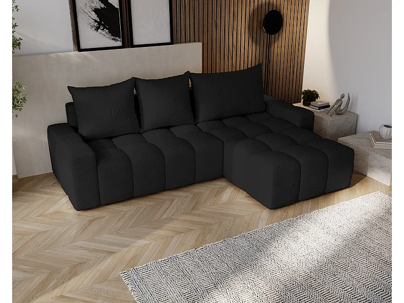 Emporius Wilson Canapé d'angle - Tissu Bouclé, Canapé 255 cm Convertible, Droite - Noir (Anthology 19)