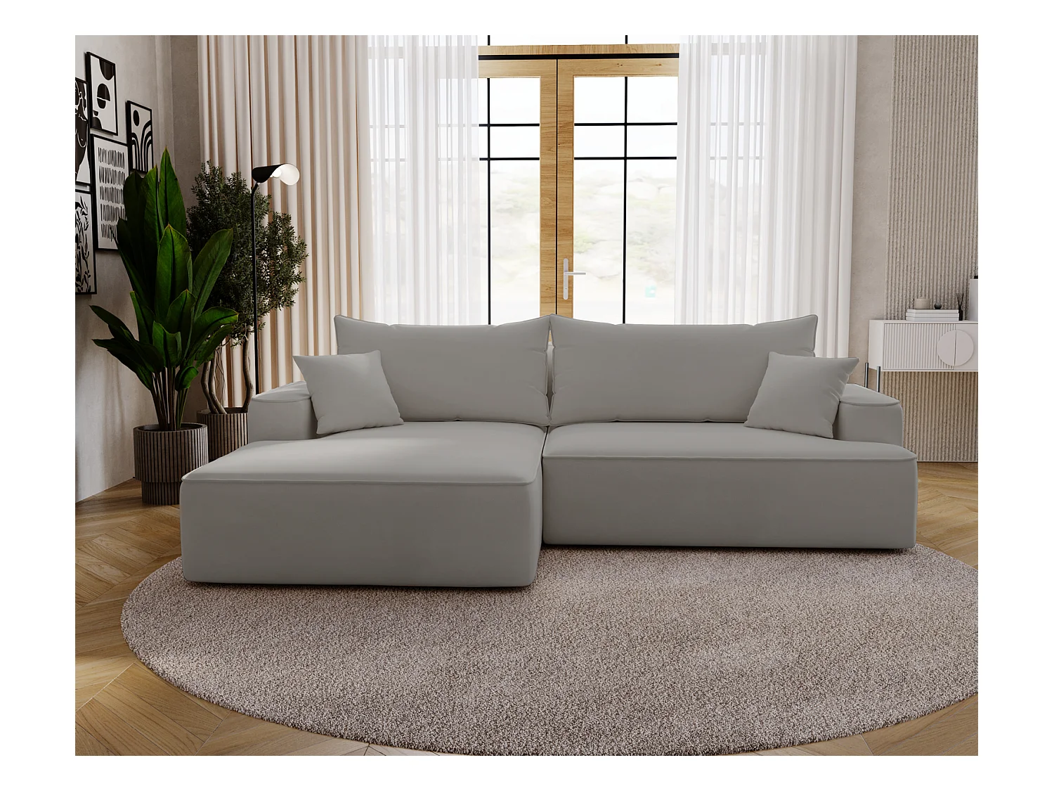 Emporius Dallas Canapé d'angle 270 cm, Convertible, Tissu Velours - Gauche, Gris clair (Komodo 20)