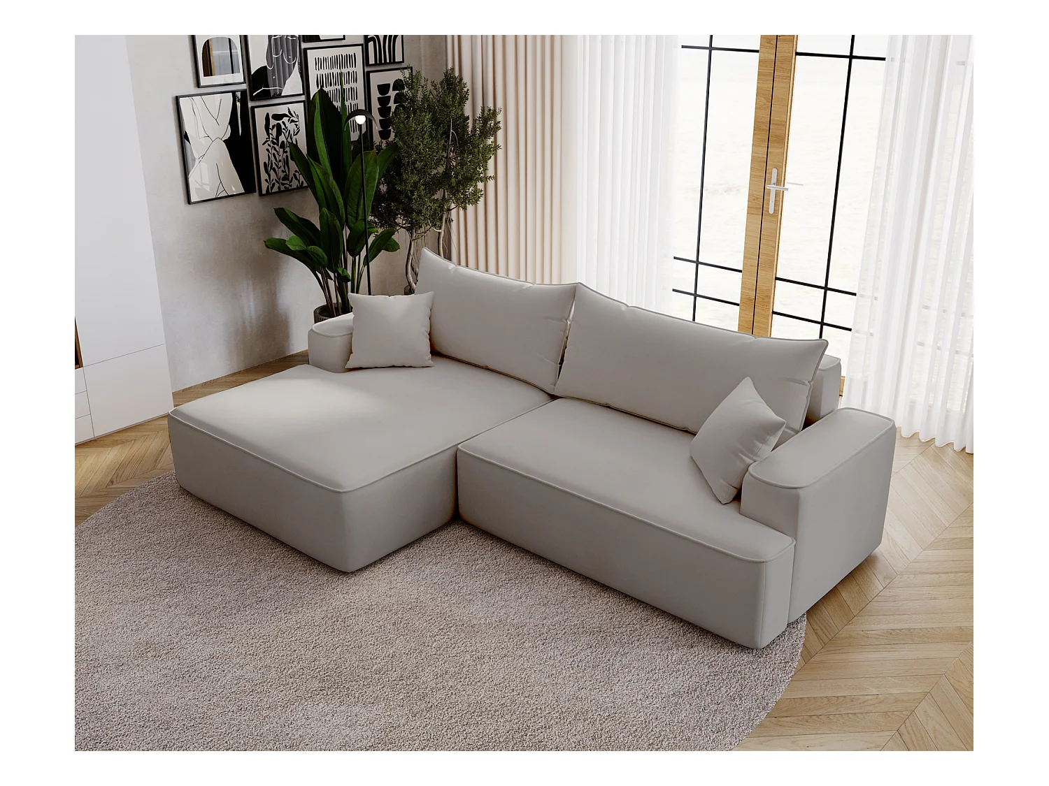 Emporius Dallas Canapé d'angle 270 cm, Convertible, Tissu Velours - Gauche, Gris clair (Komodo 20)