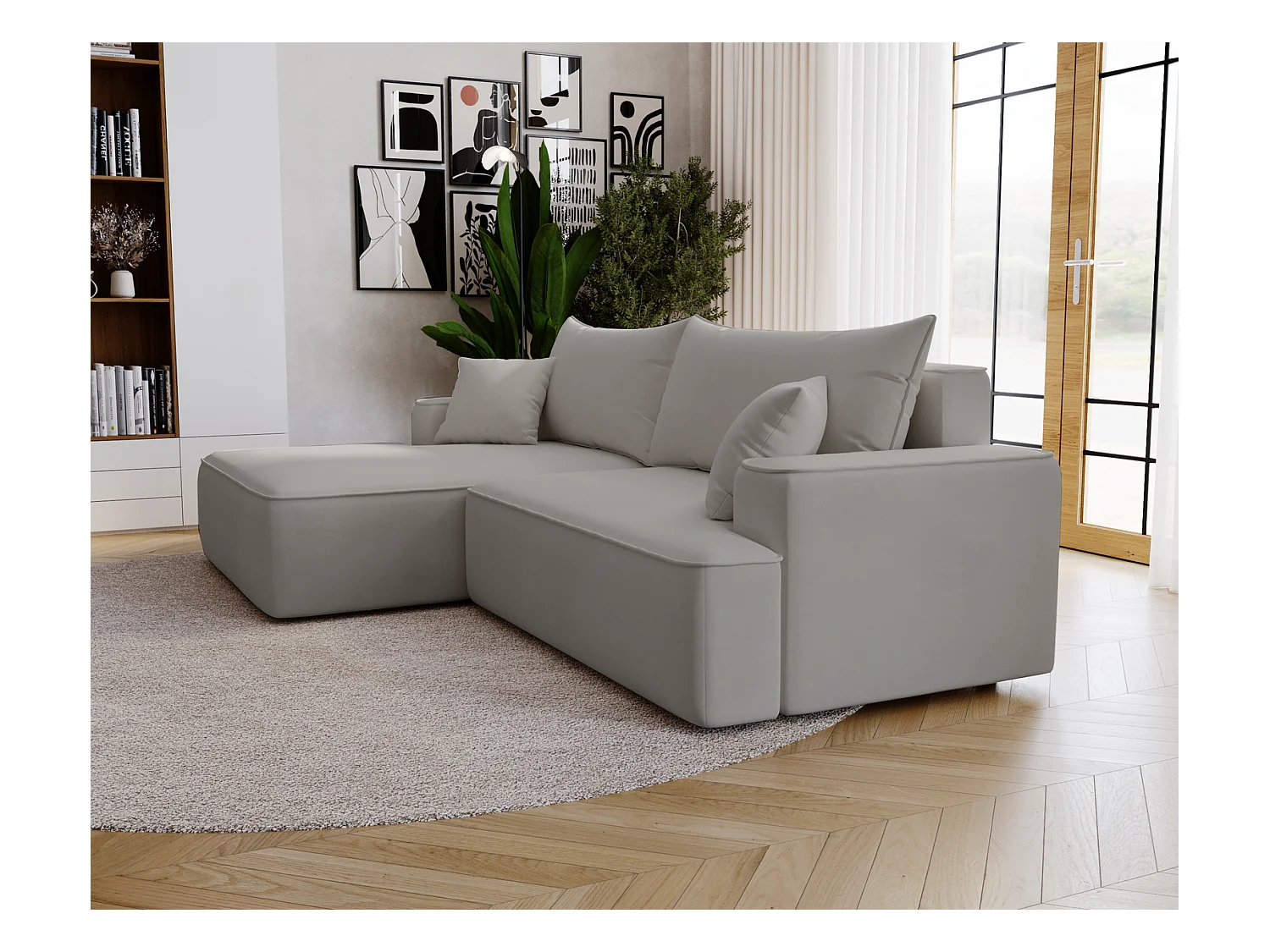 Emporius Dallas Canapé d'angle 270 cm, Convertible, Tissu Velours - Gauche, Gris clair (Komodo 20)