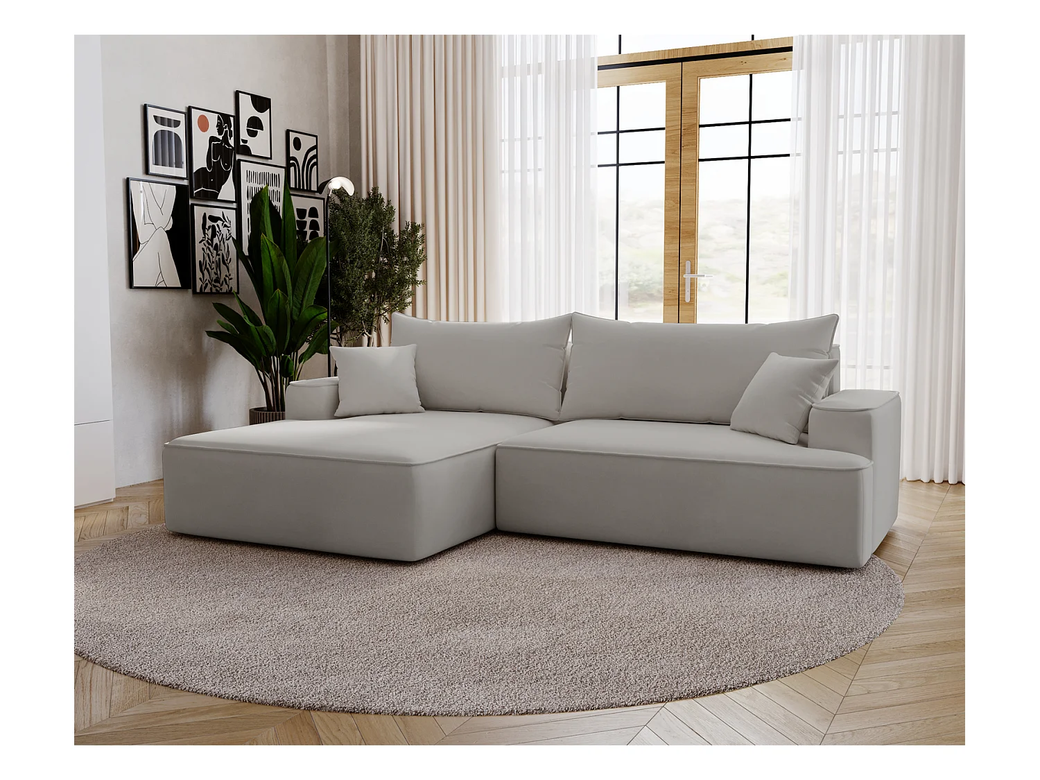 Emporius Dallas Canapé d'angle 270 cm, Convertible, Tissu Velours - Gauche, Gris clair (Komodo 20)