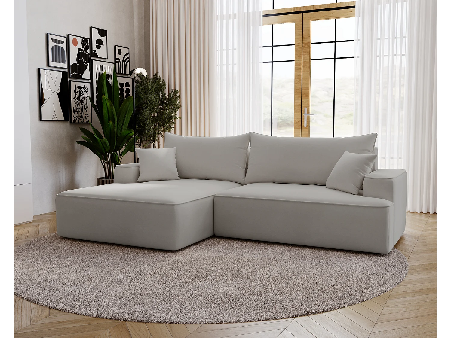 Emporius Dallas Hoekbank L-Vorm - slaapfunctie en bedlade, links - Sofa 250 cm, fluweel lichtgrijs (Komodo 20)
