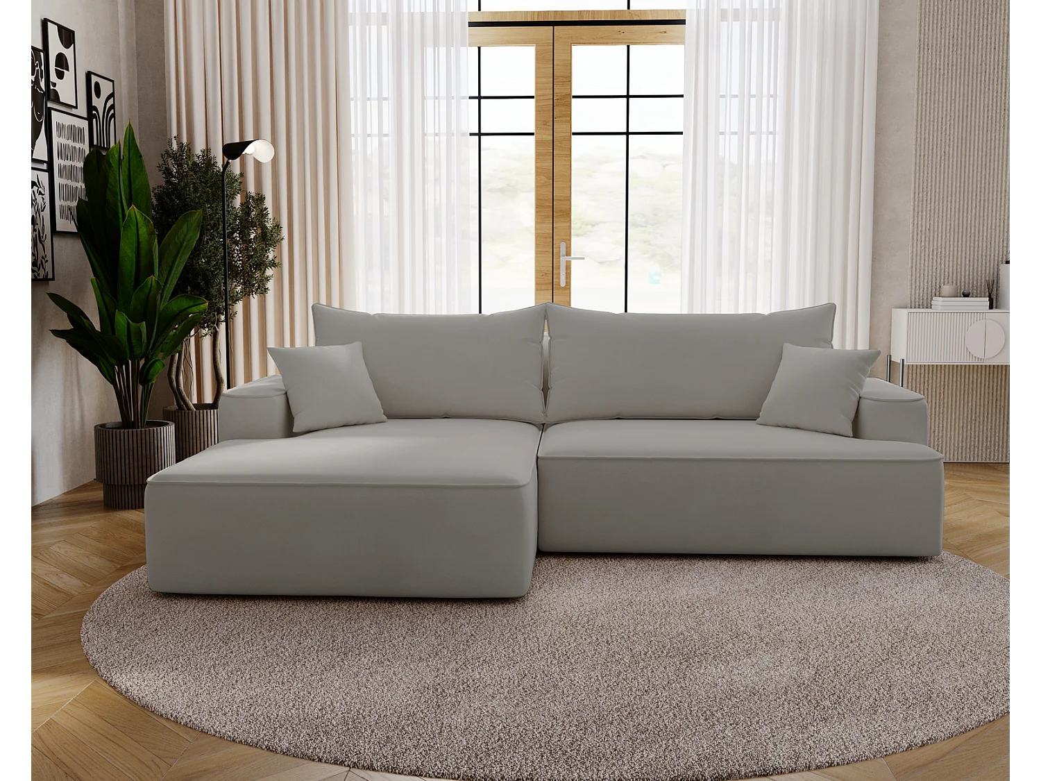Emporius Dallas Hoekbank L-Vorm - slaapfunctie en bedlade, links - Sofa 250 cm, fluweel lichtgrijs (Komodo 20)