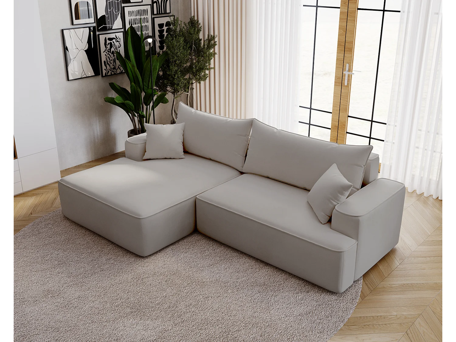 Emporius Dallas Hoekbank L-Vorm - slaapfunctie en bedlade, links - Sofa 250 cm, fluweel lichtgrijs (Komodo 20)