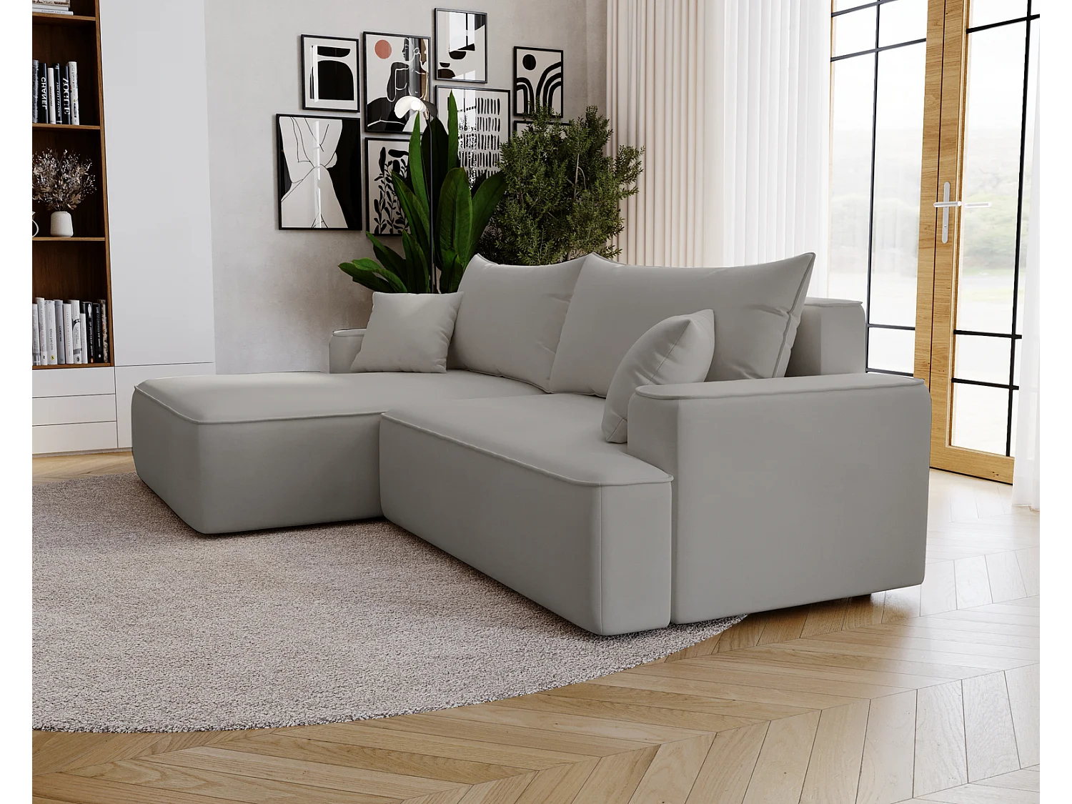 Emporius Dallas Hoekbank L-Vorm - slaapfunctie en bedlade, links - Sofa 250 cm, fluweel lichtgrijs (Komodo 20)