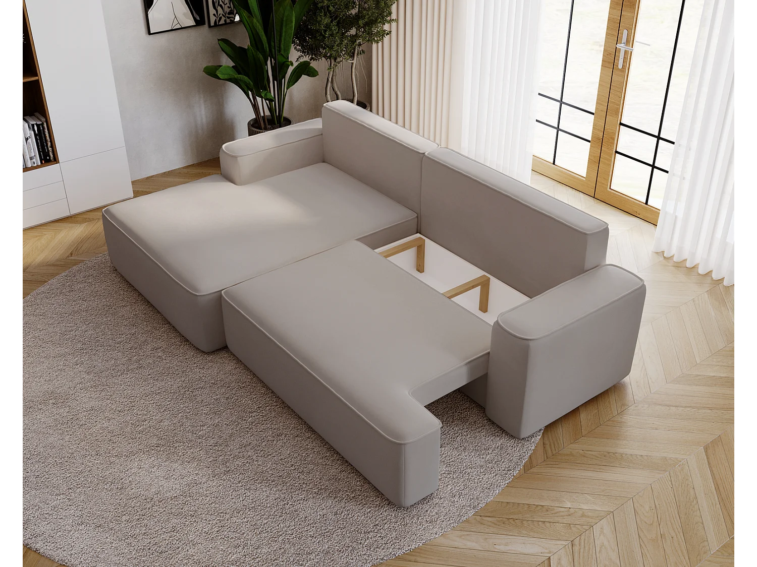 Emporius Dallas Hoekbank L-Vorm - slaapfunctie en bedlade, links - Sofa 250 cm, fluweel lichtgrijs (Komodo 20)