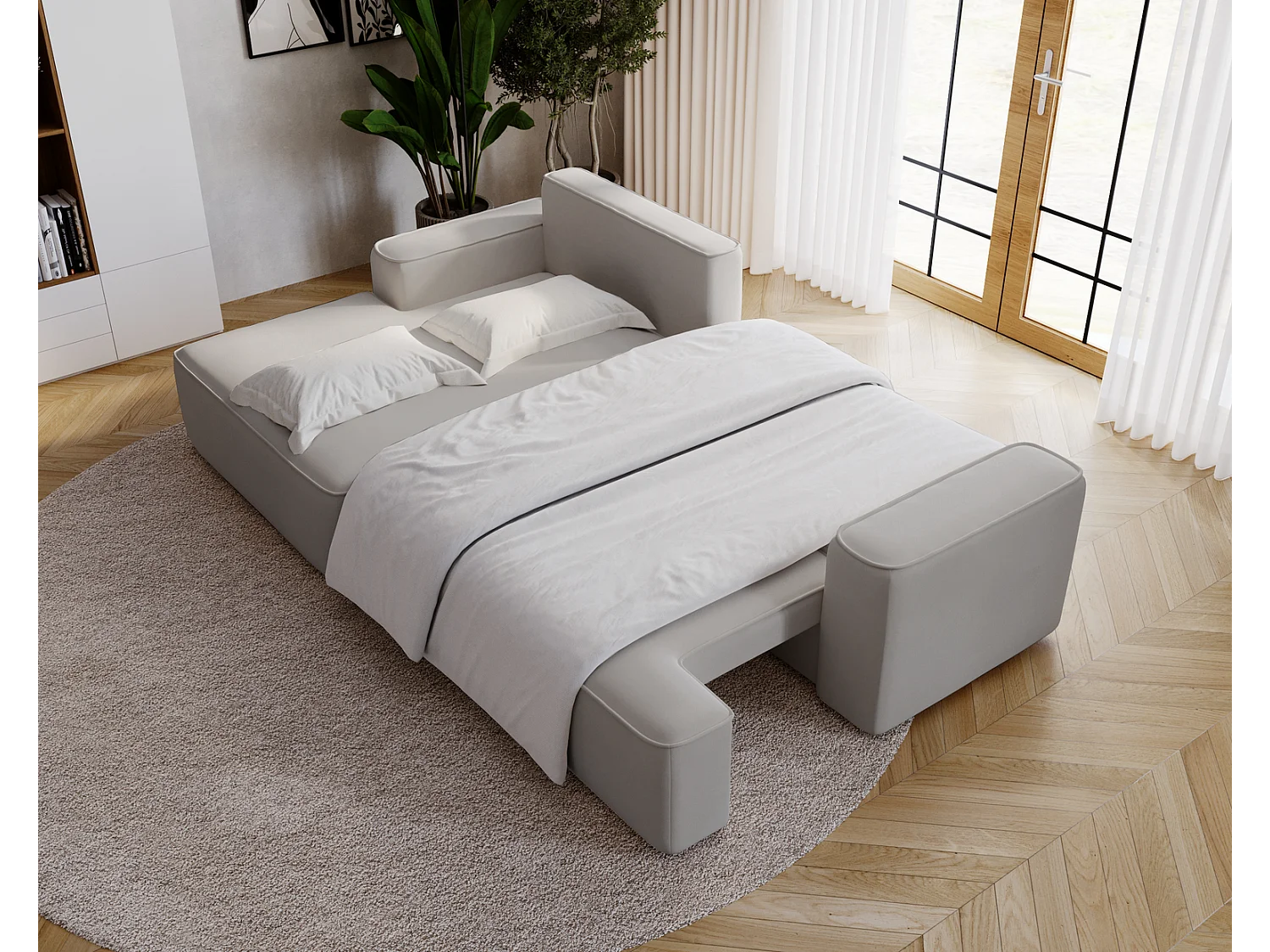 Emporius Dallas Hoekbank L-Vorm - slaapfunctie en bedlade, links - Sofa 250 cm, fluweel lichtgrijs (Komodo 20)