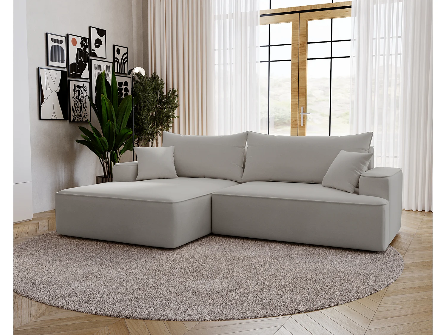 Canapé d'angle convertible Dallas, 270 cm, velours, gauche, gris clair
