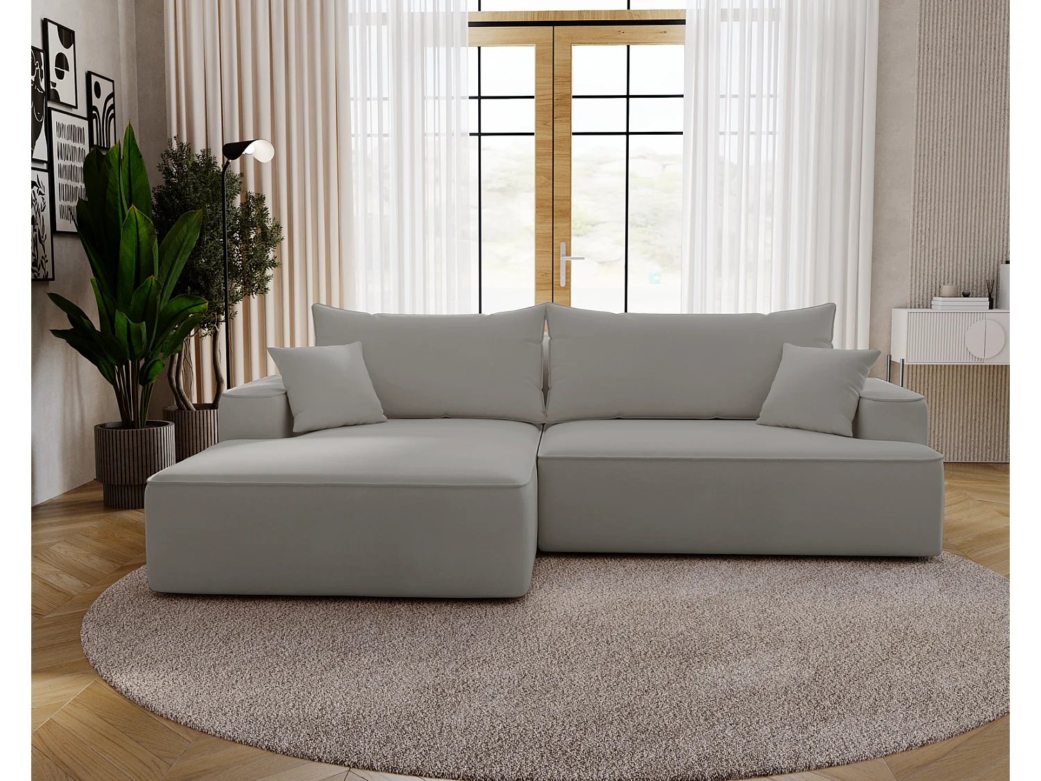 Canapé d'angle convertible Dallas, 270 cm, velours, gauche, gris clair