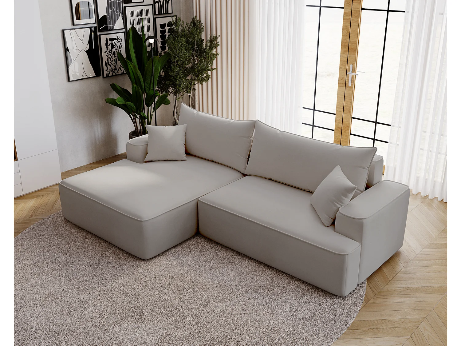 Canapé d'angle convertible Dallas, 270 cm, velours, gauche, gris clair