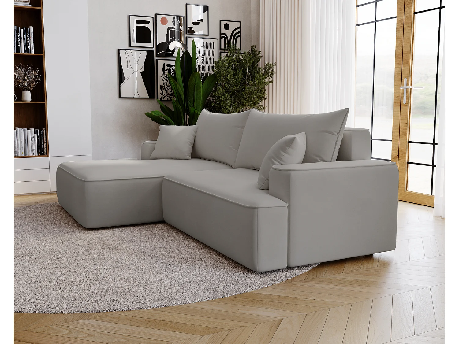 Canapé d'angle convertible Dallas, 270 cm, velours, gauche, gris clair