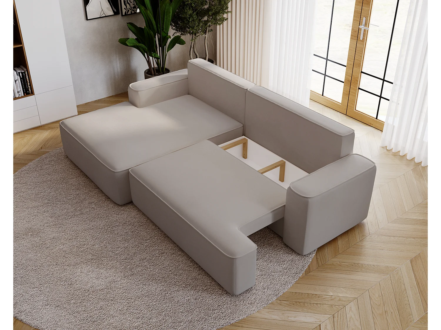 Canapé d'angle convertible Dallas, 270 cm, velours, gauche, gris clair