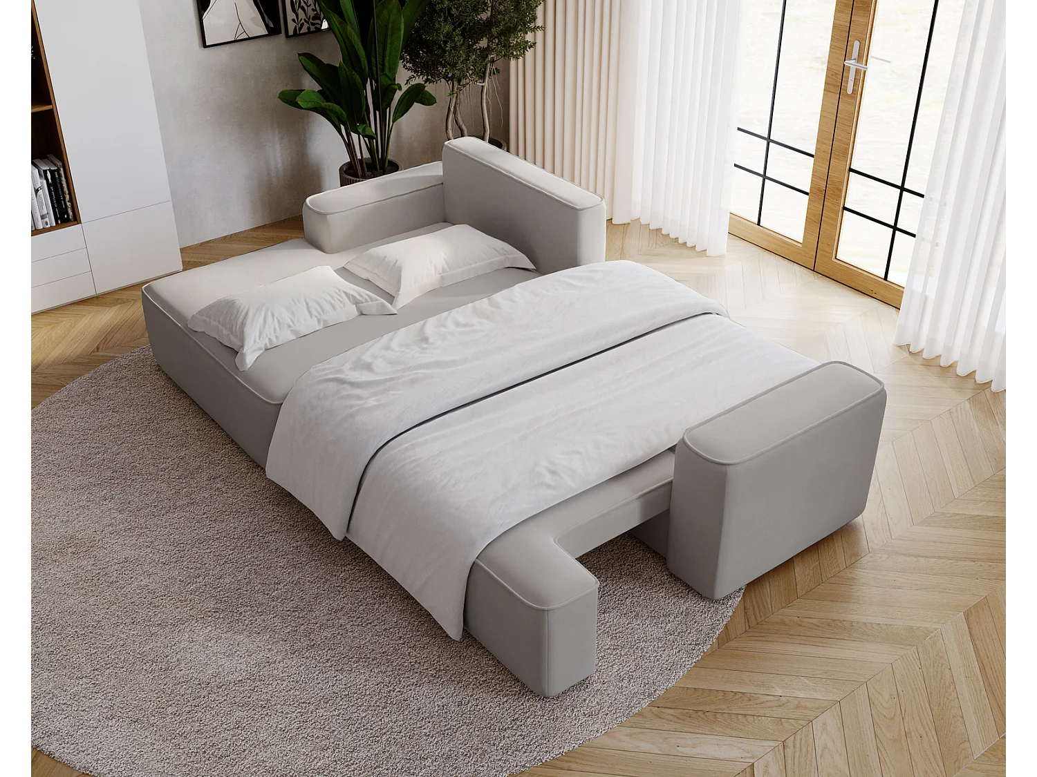 Canapé d'angle convertible Dallas, 270 cm, velours, gauche, gris clair