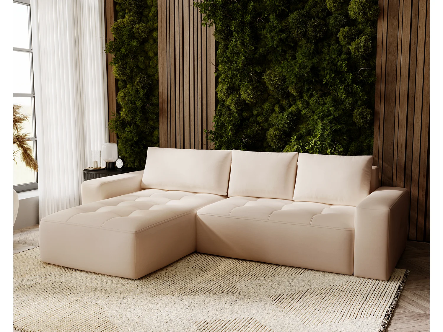 Emporius Nevada Canapé d'angle avec Rangement, Convertible - Tissu Velours, Canapé d'angle 250 cm, 4 Places - Gauche, Beige (Trinity 4)