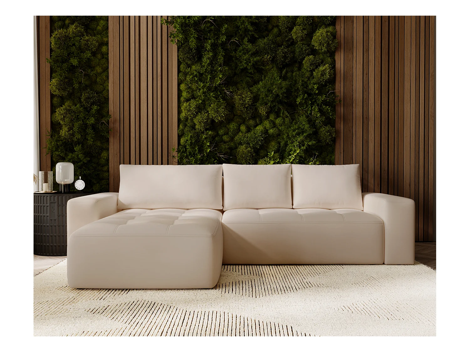 Emporius Nevada Canapé d'angle avec Rangement, Convertible - Tissu Velours, Canapé d'angle 250 cm, 4 Places - Gauche, Beige (Trinity 4)