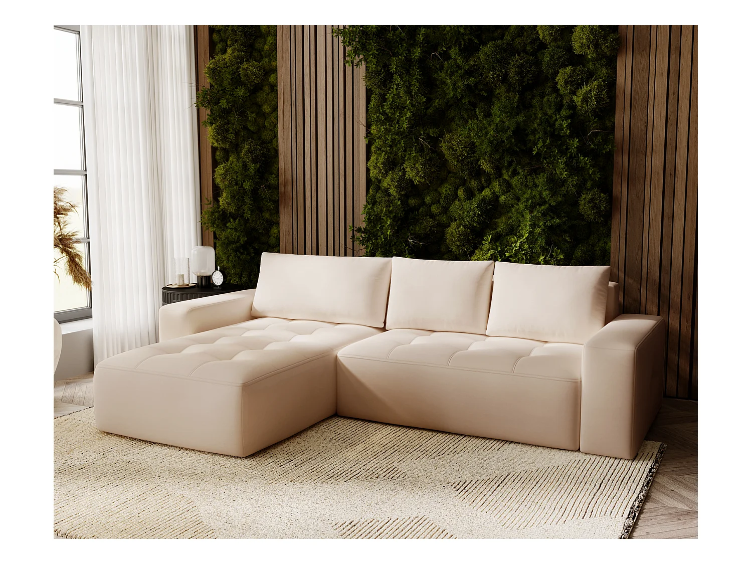Emporius Nevada Canapé d'angle avec Rangement, Convertible - Tissu Velours, Canapé d'angle 250 cm, 4 Places - Gauche, Beige (Trinity 4)