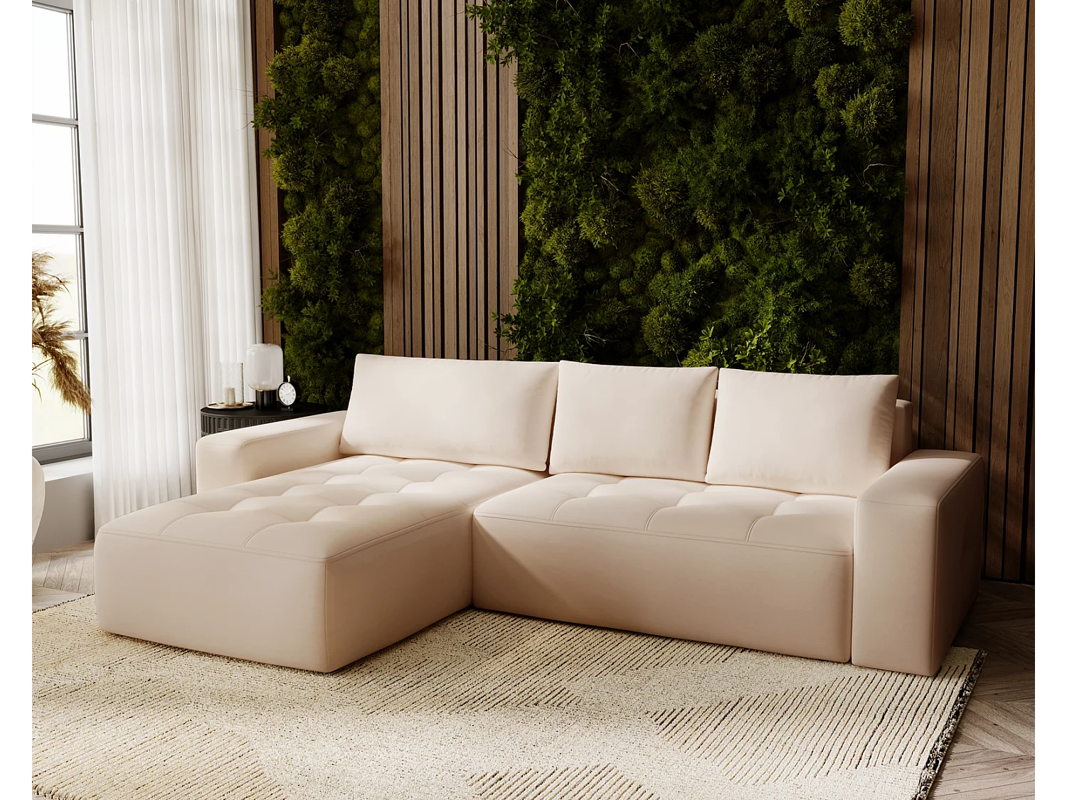 Emporius Nevada Hoekbank 250 cm met slaapfunctie et bedlade, links, fluweel beige (Trinity 4)