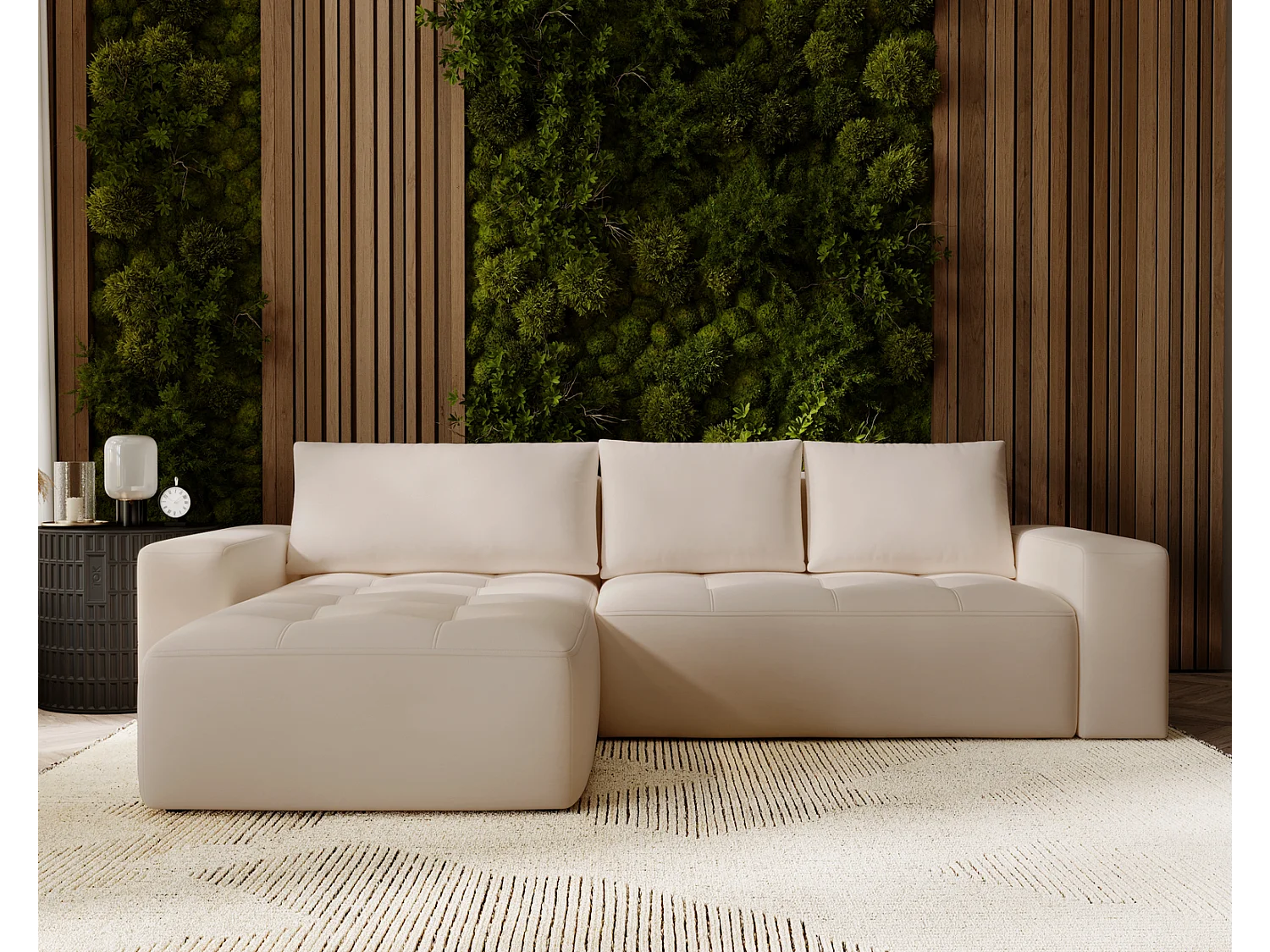 Emporius Nevada Hoekbank 250 cm met slaapfunctie et bedlade, links, fluweel beige (Trinity 4)