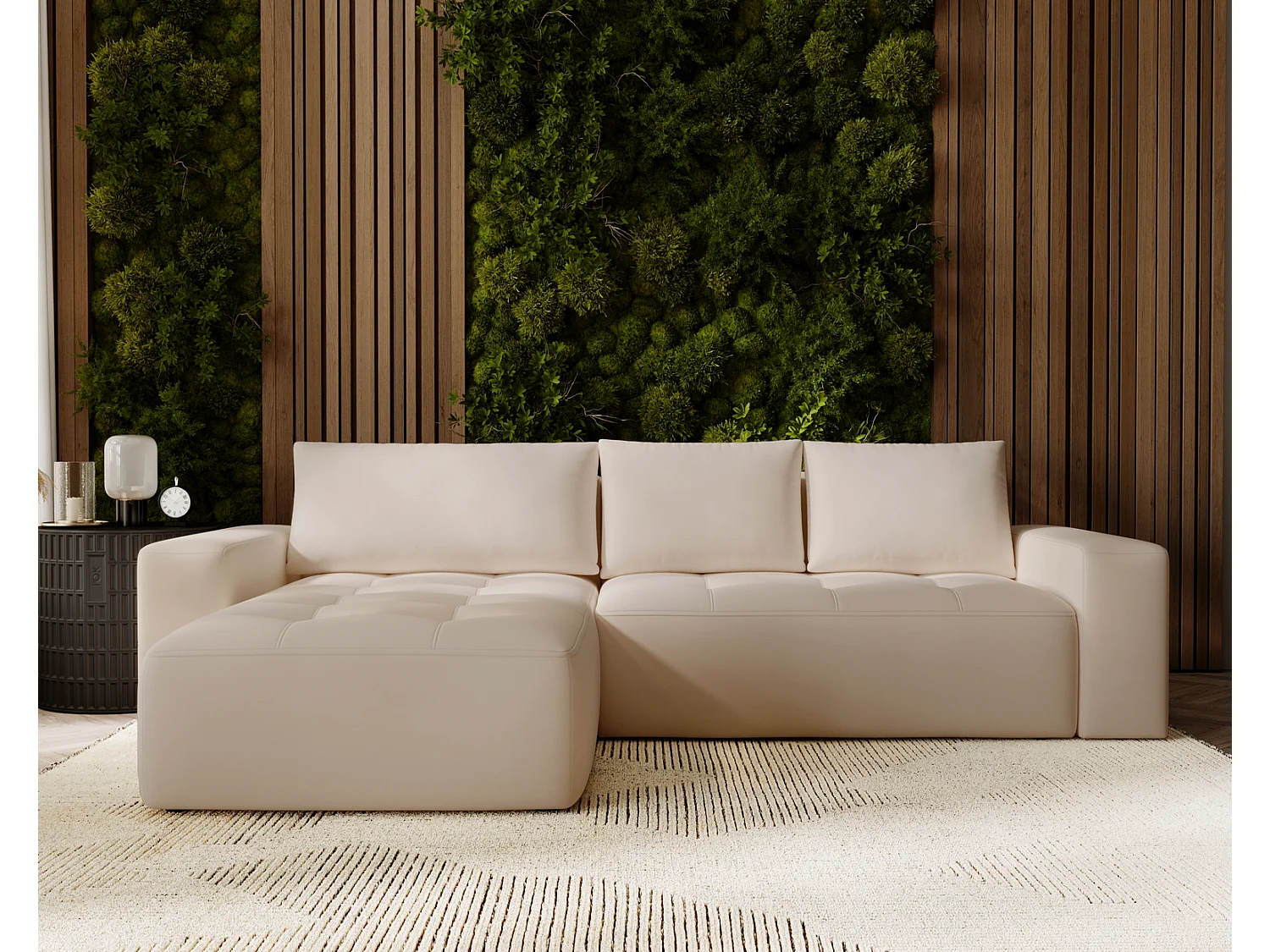 Canapé d'angle convertible 4 places en tissu capitonné beige