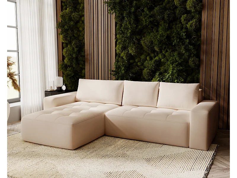 Emporius Nevada Hoekbank 250 cm met slaapfunctie et bedlade, links, fluweel beige (Trinity 4)