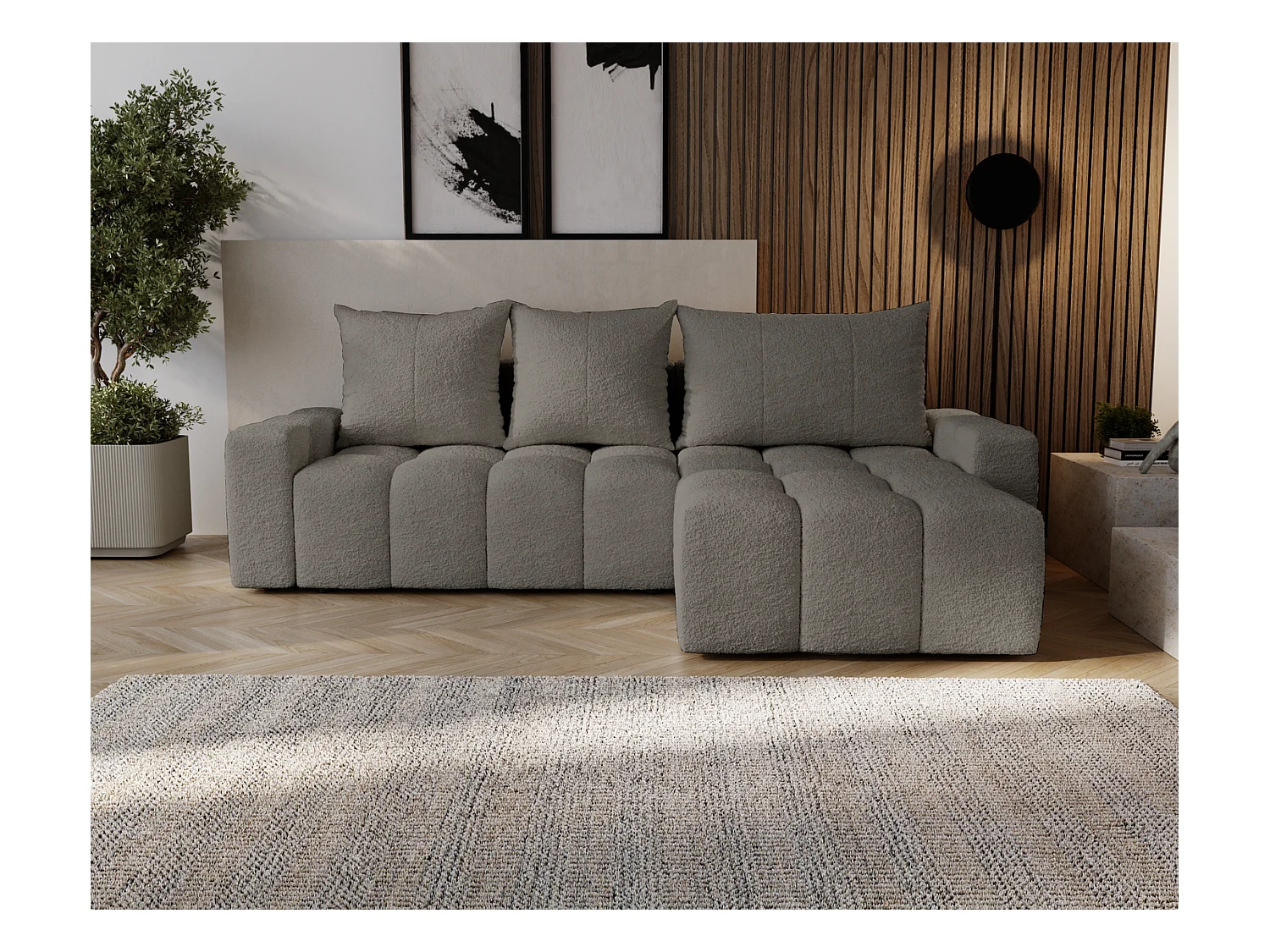 Emporius Wilson Canapé d'angle - Tissu Bouclé, Canapé 255 cm Convertible, Droite - Gris foncé (Anthology 18)