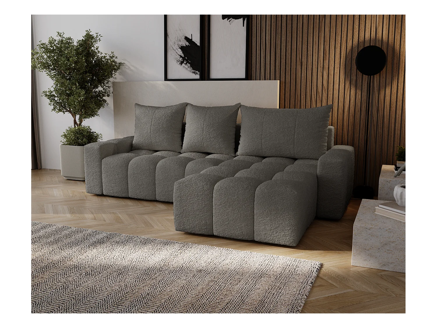 Emporius Wilson Canapé d'angle - Tissu Bouclé, Canapé 255 cm Convertible, Droite - Gris foncé (Anthology 18)