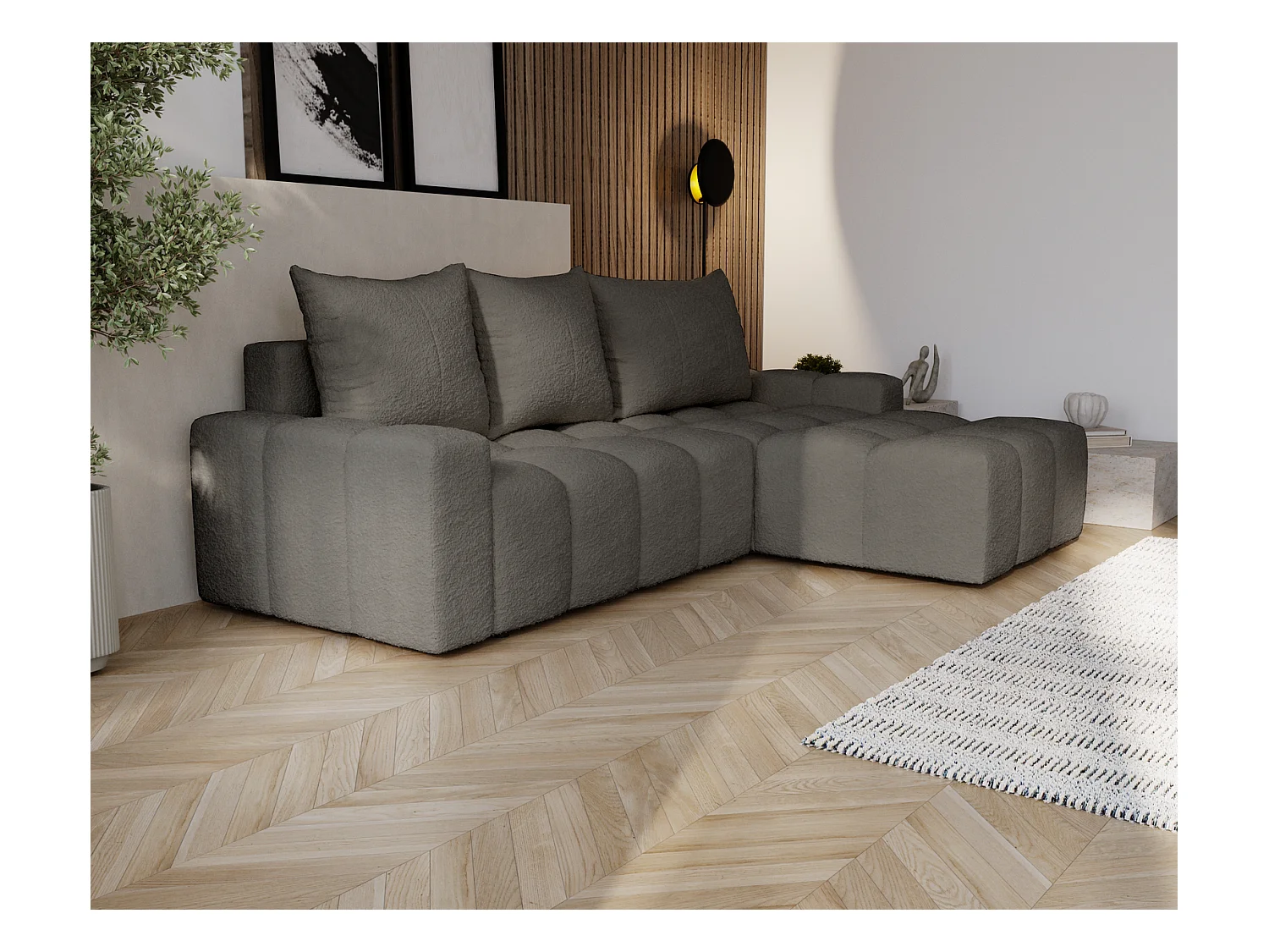 Emporius Wilson Canapé d'angle - Tissu Bouclé, Canapé 255 cm Convertible, Droite - Gris foncé (Anthology 18)