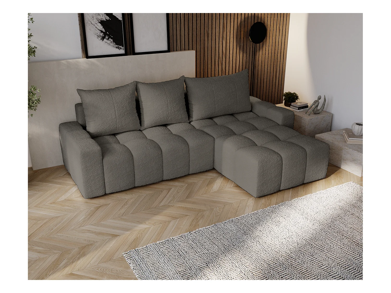 Emporius Wilson Canapé d'angle - Tissu Bouclé, Canapé 255 cm Convertible, Droite - Gris foncé (Anthology 18)