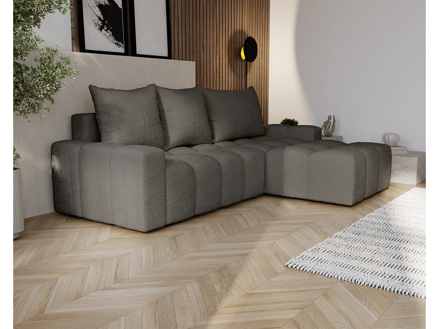 Emporius Wilson Canapé d'angle - Tissu Bouclé, Canapé 255 cm Convertible, Droite - Gris foncé (Anthology 18)