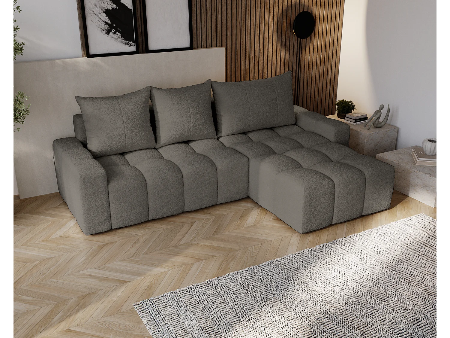 Emporius Wilson Hoekbank met slaapfunctie - slaapbank met bedlade, rechts, bouclé donkergrijs (Anthology 18)