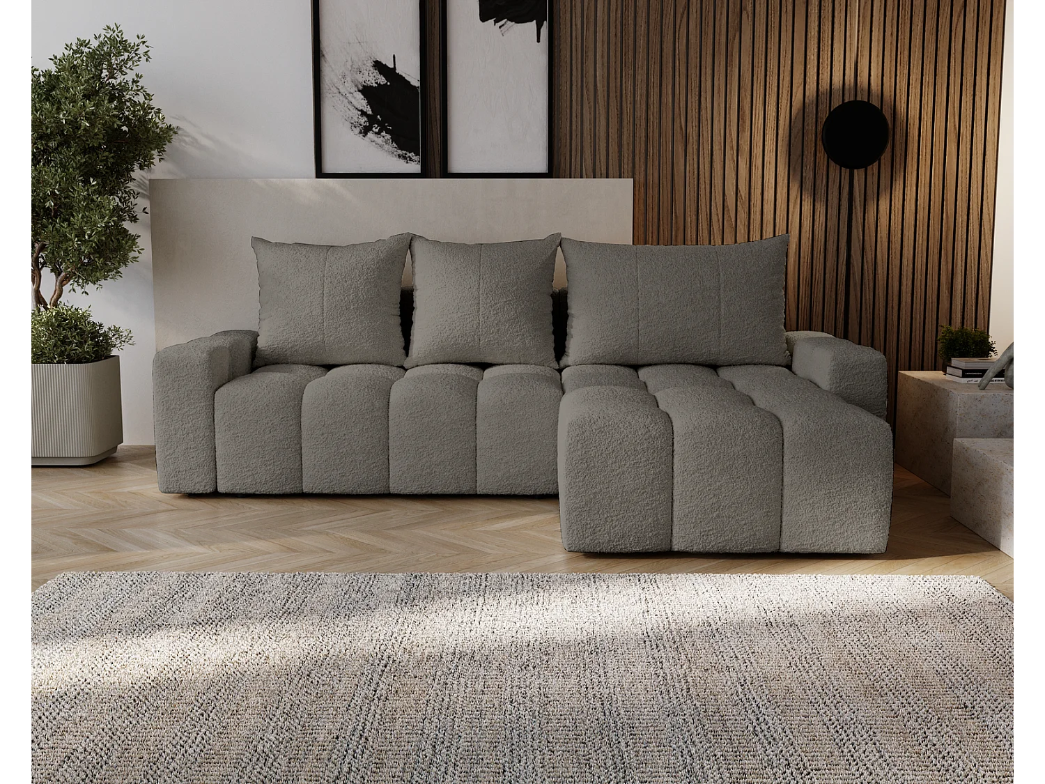 Emporius Wilson Hoekbank met slaapfunctie - slaapbank met bedlade, rechts, bouclé donkergrijs (Anthology 18)