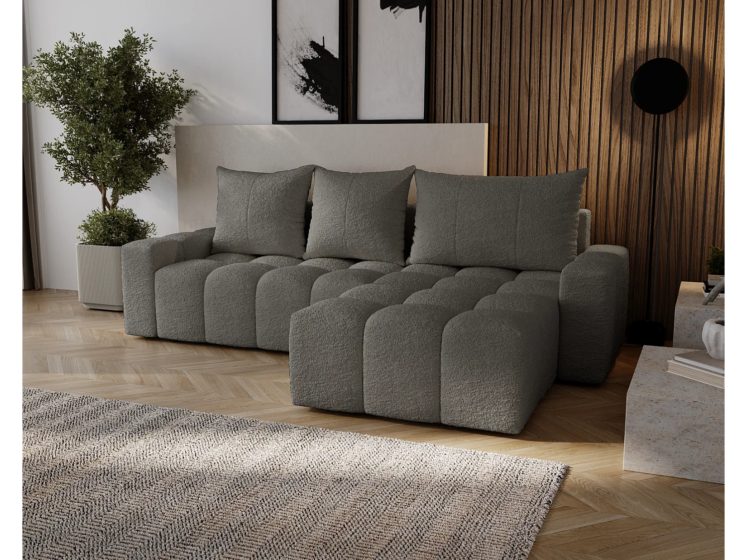 Emporius Wilson Hoekbank met slaapfunctie - slaapbank met bedlade, rechts, bouclé donkergrijs (Anthology 18)