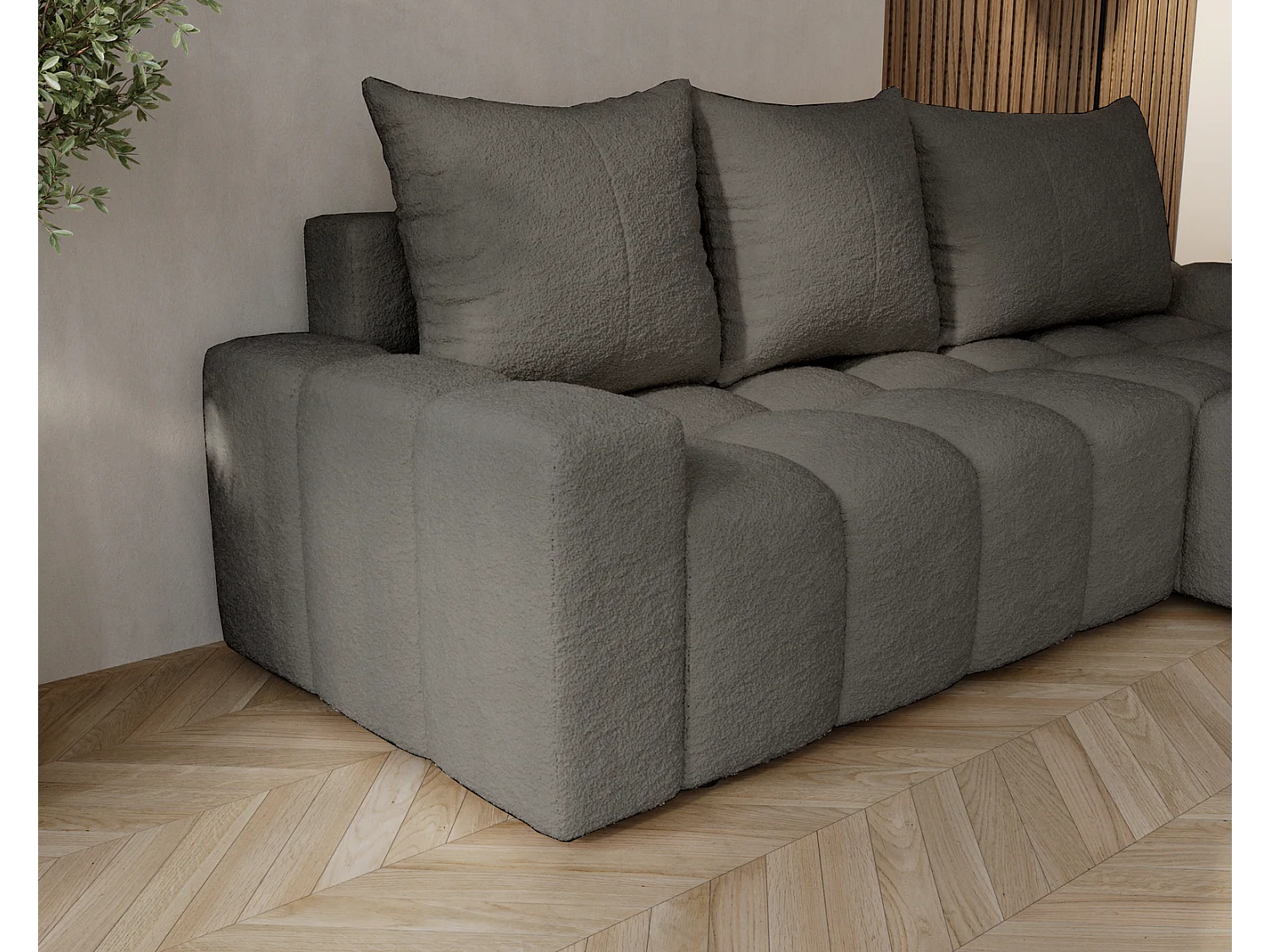 Emporius Wilson Hoekbank met slaapfunctie - slaapbank met bedlade, rechts, bouclé donkergrijs (Anthology 18)