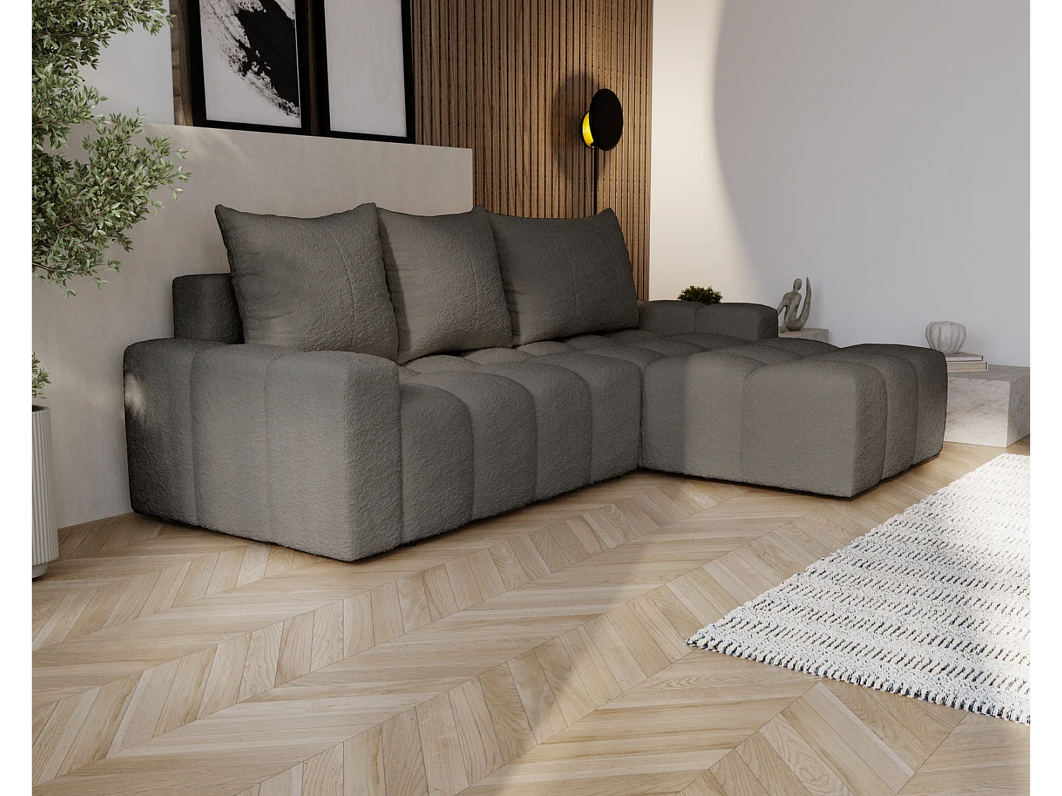 Emporius Wilson Hoekbank met slaapfunctie - slaapbank met bedlade, rechts, bouclé donkergrijs (Anthology 18)