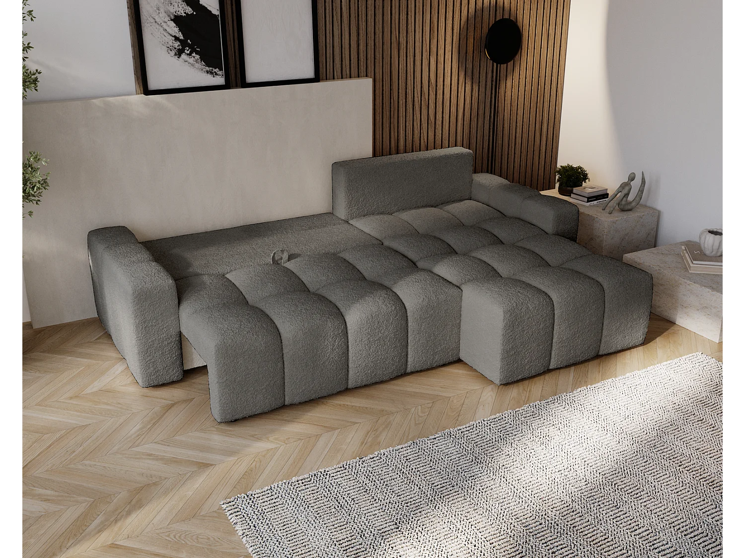 Emporius Wilson Hoekbank met slaapfunctie - slaapbank met bedlade, rechts, bouclé donkergrijs (Anthology 18)