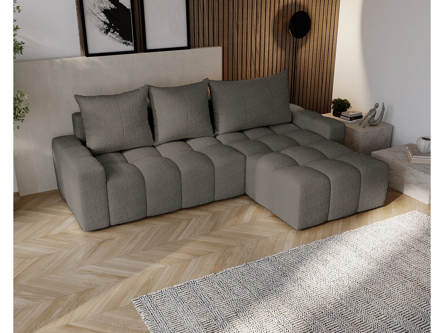 Canapé d'angle convertible Wilson, 255 cm, tissu bouclé, droit, gris foncé
