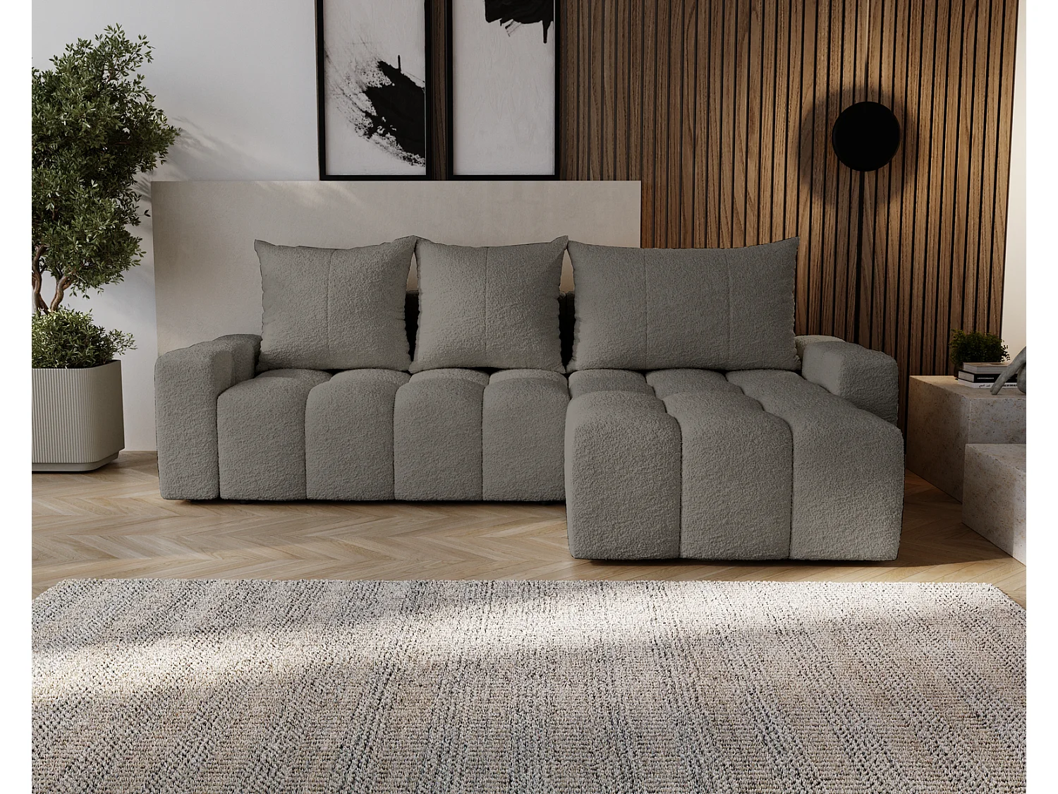 Canapé d'angle convertible Wilson, 255 cm, tissu bouclé, droit, gris foncé